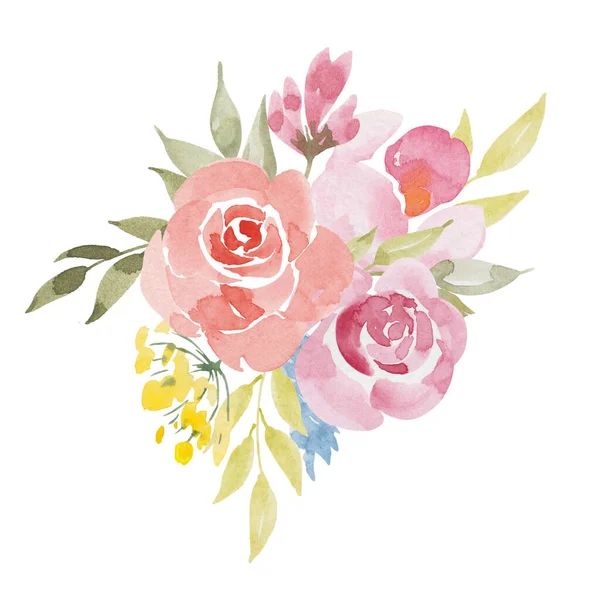 Spring, summer composition of mini wild flowers and buds. Delicate meadow wildflowers. Wedding invitation frame, birthday card design. Watercolor hand painted isolated elements on white background.