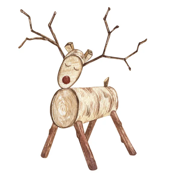 Scandinavian deer. Watercolor wooden toy . Vintage hand-drawn illustration for christmas postcard, poster, souvenir, kids cards, birthday, background, Greeting card, invitation. isolated on white. — Fotografia de Stock