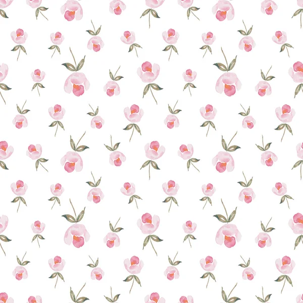 Watercolor botanical seamless pattern wild flowers and garden plants. Hand drawn leaves, pink flowers, herbs and natural elements. For birthday, wedding card, love, invitation, march, easter. — Stock Photo, Image