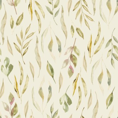 Kuru ve yeşil yapraklı suluboya, pürüzsüz, rahat bir desen. İlkbahar modası. Elle çizilmiş taşra tarzı. Kağıt, ambalaj, tekstil, pankart, sevgililer günü, yürüyüş, paskalya, düğün.