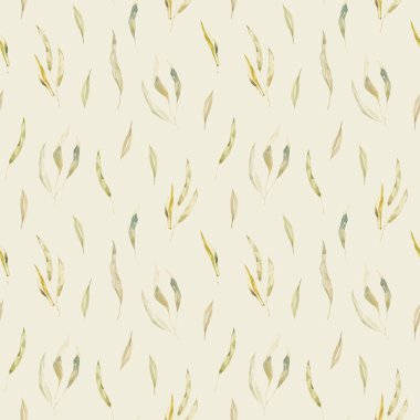 Kuru ve yeşil yapraklı suluboya, pürüzsüz, rahat bir desen. İlkbahar modası. Elle çizilmiş taşra tarzı. Kağıt, ambalaj, tekstil, pankart, sevgililer günü, yürüyüş, paskalya, düğün.