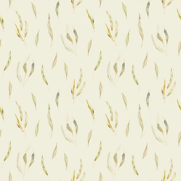 Watercolor seamless cozy pattern with dry and green leaves. Spring trendy background. Hand drawn Rustic style. For printing on paper, packaging, textiles, banners, valentine, march, easter, wedding. — Stock Photo, Image