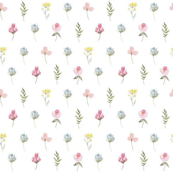 Aquarell botanische nahtlose Muster Wildblumen und Gartenpflanzen. Handgezeichnete Blätter, rosa Blüten, Kräuter und natürliche Elemente. Geburtstag, Hochzeitskarte, Liebe, Einladung, Marsch, Ostern. — Stockfoto