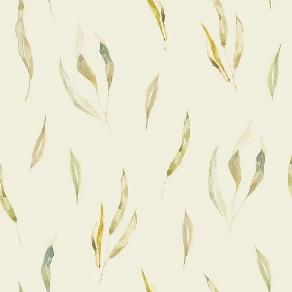 Aquarel naadloos gezellig patroon met droge en groene bladeren. Lente trendy achtergrond. Handgetekende rustieke stijl. Voor het bedrukken op papier, verpakking, textiel, spandoeken, Valentijn, maart, Pasen, bruiloft. — Stockfoto