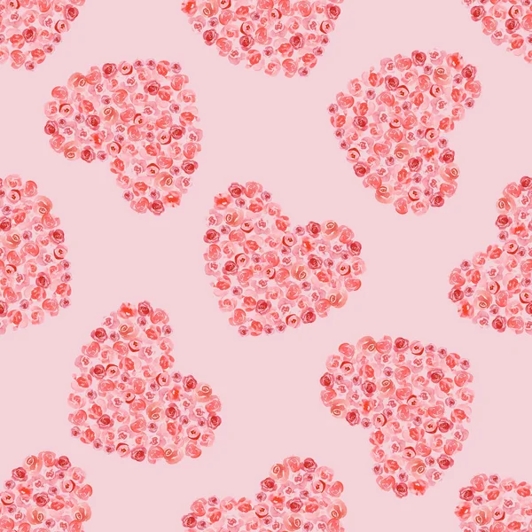 Love textur - sömlöst mönster med röda rosor hjärtan. Kärlek på en rosa bakgrund. Romantisk dekorativ bakgrund för alla hjärtans dag presentpapper, bröllop inredning eller tyg textil. — Stockfoto
