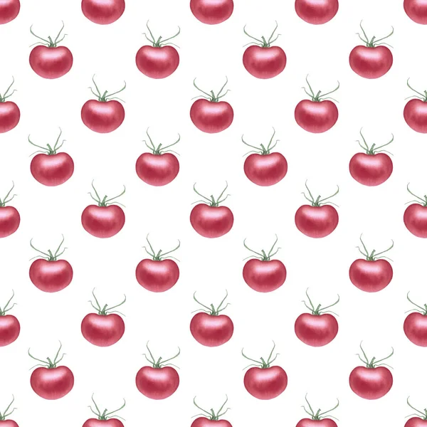 Acuarela tomates fondo sin costuras. Ilustración de tomate dibujado a mano. Clipart de cosecha. Papel pintado de objetos frescos. Para tarjeta, fondo de pantalla, cartel, pancarta, menú de restaurante, textiles de cocina. —  Fotos de Stock