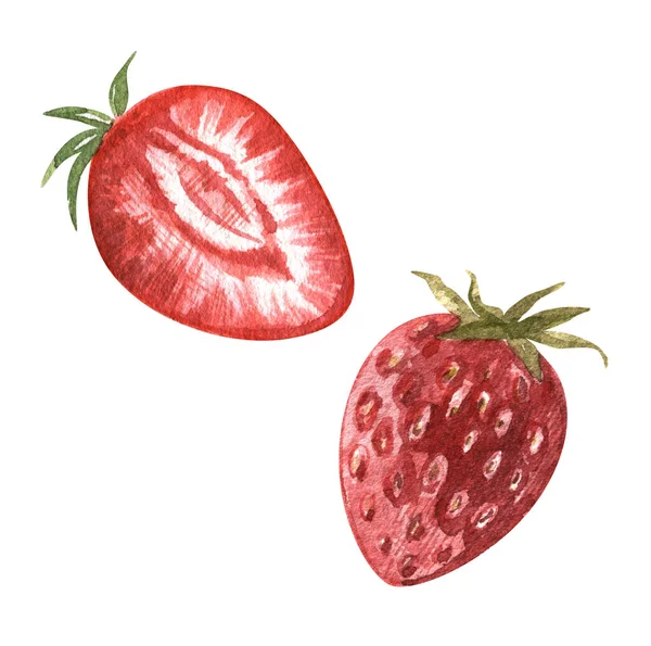 Acuarela fresas Clipart. Conjunto de zumo y bayas frescas maduras. Bayas dulce comida de verano. ilustración dibujada a mano aislada. Arte para libro de cocina, cocina, postre, cafetería menú. — Foto de Stock