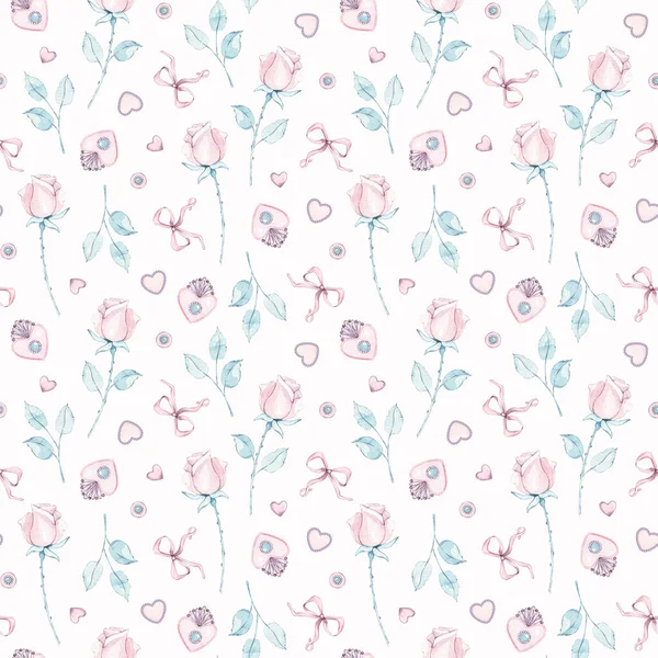 Watercolor seamless pattern with rustic Provence Rose flowers, hearts, bow, leaves. Hand drawn. For mother, birthday, valentine, love cards, linen, wrapping, wallpaper, home decor textile. — Stock Photo, Image