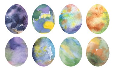 Paskalya yumurtaları soyut boya doku koleksiyonu seti. Parlak renk. Elle boyanmış elementler Bahar tatili geçmişi. Beyaz üzerine izole edilmiş. Tebrik kartı tasarımı, duvar kağıdı, davet, menü.