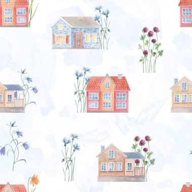 Tatlı kır evi ve çiçeklerle suluboya desenli. Eski evler ve parlak el yapımı çayır çiçekleri. Kartpostal, poster, doğum günü, geçmiş, tebrik kartı, davetiye.