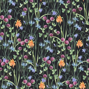 Suluboya botanik desensiz çayır çiçekleri ve bahçe bitkileri. El yapımı yapraklar, pembe çiçekler, otlar ve doğal elementler. Doğum günü, düğün kartı, davetiye, selam, Anneler Günü.