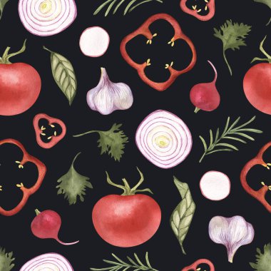 Kusursuz desen. Boya sıçramış suluboya sebzeler. Salatalık, salata, domates, organik, avokado, yaprak. El yapımı illüstrasyonlar. Siyah arka planda. Restoran, mutfak, tekstil, kumaş için..