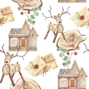 Suluboya Noel desensiz desen koleksiyonu, beyazın Kandinav arka planı. El yapımı tatil çizimleri baskısı. Tasarım için, kartlar, çarşaflar, duvar kağıtları, posterler, kumaş, tekstil, ambalaj kağıdı.