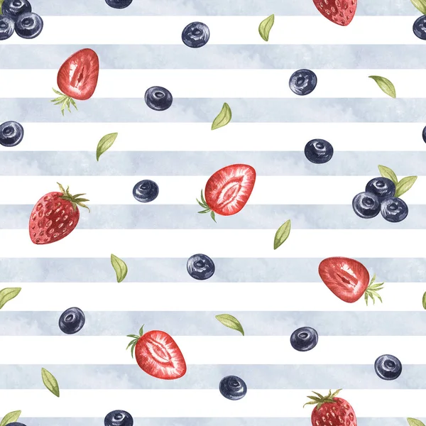 Watercolor seamless pattern of juicu wild berries blueberries, strawberries on blue stripes background. hand drawn illustration.For kitchen, textile, menu cafe. linen, wrapping, wallpaper, textile.
