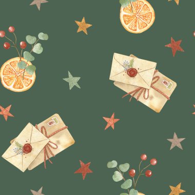 Postayla, portakalla, okaliptüsle, meyvelerle suluboya Noel desenleri. Kandinav arkaplanlarıyla. El yapımı tatil çizimleri. Tasarım, kartlar, çarşaflar, duvar kağıtları, kumaş, tekstil, ambalaj için.