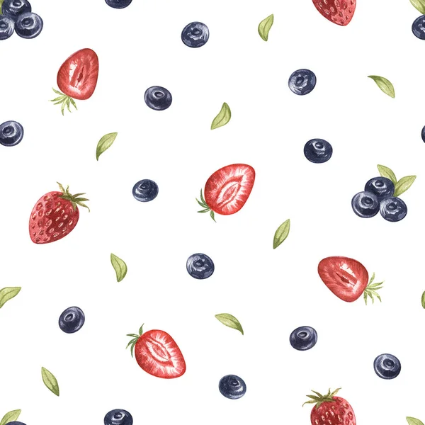 Aquarelle motif sans couture de jus de baies sauvages myrtilles, framboises, airelles, fraises, bleuets, cerises. illustration dessinée à la main. Art pour livre de cuisine, cuisine, textile, menu café. — Photo