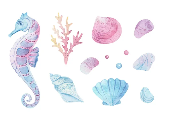 Meerestiere gehen unter. Blaues Aquarell Ozeanfische und Korallen. Muschelaquarium Hintergrund. Meerestiere, Quallen, Seesterne. Zum Druck auf Postkarten, Verpackungen, Gewebe, Design, Textilien. — Stockfoto