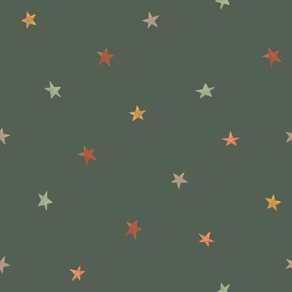 Aquarell Weihnachten nahtlose Muster. Skandinavische Sterne auf grünem Hintergrund. Handgemachte Illustrationen drucken. Für Design, Karten, Bettwäsche, Tapeten, Hüllendesign, Poster, Stoff, Textilien. — Stockfoto