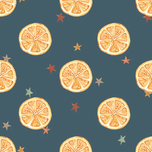 Watercolor Christmas seamless pattern with orange fruit. Hand made holiday background with stars. Design, cards, wallpaper, posters, fabric, textile, wrapping paper. — Stock Photo, Image