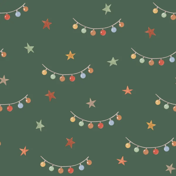Watercolor Christmas seamless pattern. Scandinavian stars on green background. Hand made illustrations print. For design, cards, linens, wallpaper, cases design, posters, fabric, textile. — Stock Photo, Image