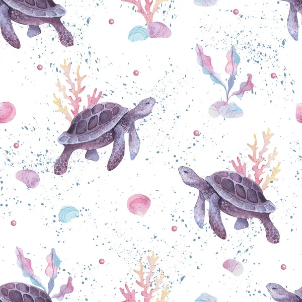 Crianças aquarela padrão sem costura. Tartaruga, coral, conchas ilustrações. animais marinhos feriados fundo, fundo de verão. Para imprimir, cartões de crianças, lençóis, papel de parede, têxtil, tecido. — Fotografia de Stock