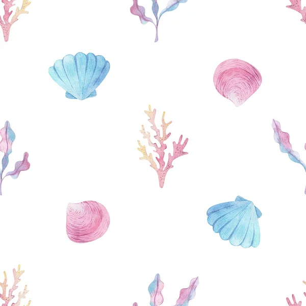 Akvarell havet sömlösa mönster av sjöstjärnor, snäckor, snäcka på en isolerad vit bakgrund. undervattensritning, sommar clipart. Vykort, förpackning, tyg, design, textil. — Stockfoto
