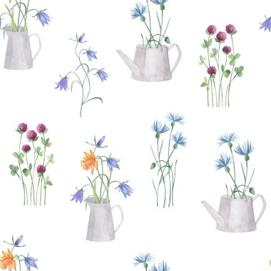 Suluboya desensiz, sulama tenekesinde ve sürahide yabani çiçekler var. Klasik el yapımı çayır çiçekleri. Kartpostal, poster, doğum günü, geçmiş, tebrik kartı, davetiye.