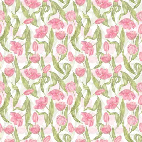 水彩画手绘花郁金香无缝图案 春天的植物图解 生日和母亲节 亚麻布 包装纸 纺织品 — 图库照片