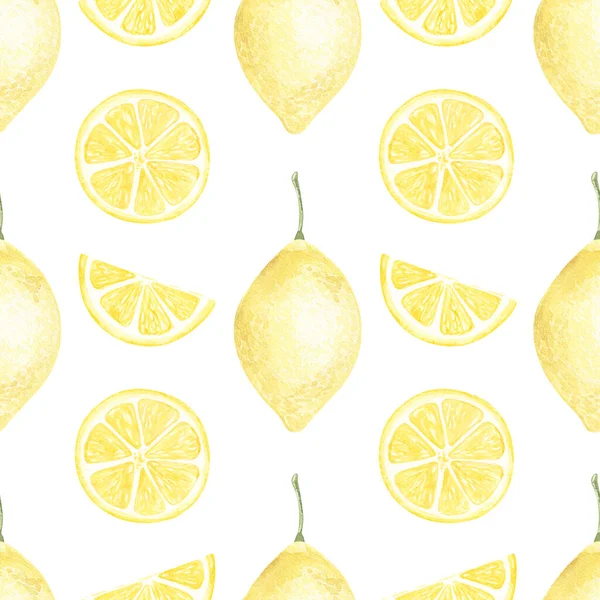 Akvarell Citron Sömlöst Mönster Handen Ritad Vit Bakgrund Botanisk Illustration — Stockfoto