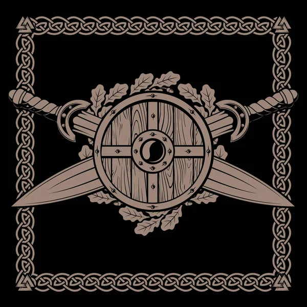Diseño escandinavo celta. Escudo de guerreros, dos espadas vikingas cruzadas y una corona de hojas de roble — Vector de stock