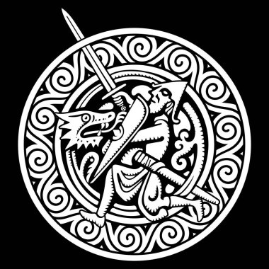Celtic Scandinavian design. Viking warrior fighting dragon clipart