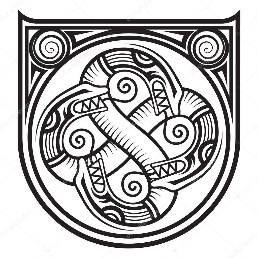 Scandinavian Viking design. Ancient decorative dragon in celtic style, scandinavian knot-work illustration