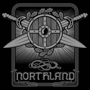 Viking tasarımı. Viking kalkanı ve kılıçlar. İki Orta Çağ kılıcı.