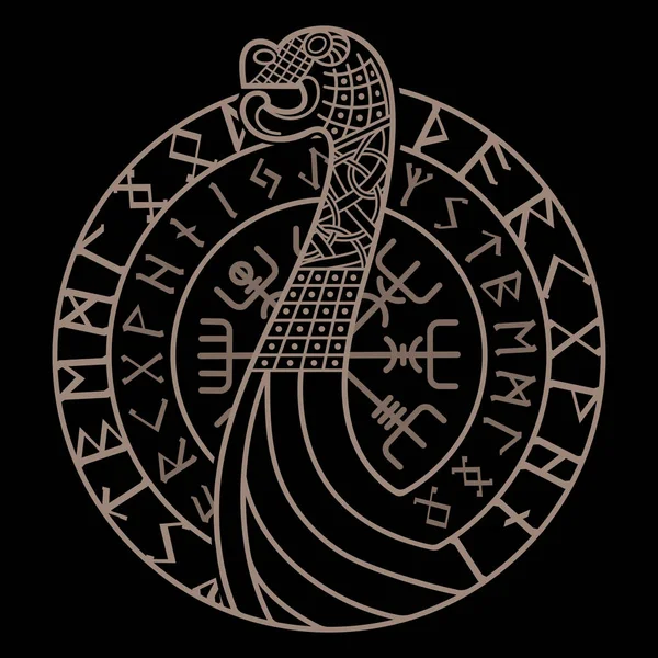 Diseño escandinavo celta. Antiguo círculo del alfabeto rúnica nórdica, nave vikinga con cabeza de dragón — Vector de stock