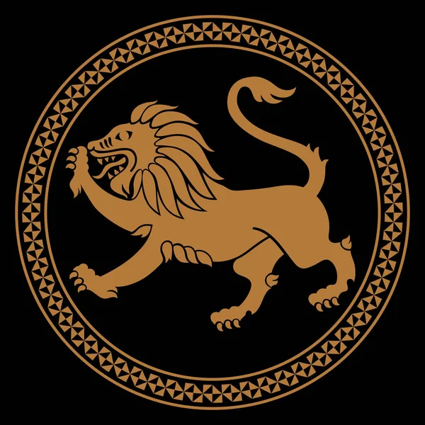 Diseño griego antiguo. La imagen de un león en el estilo griego antiguo en el escudo de un guerrero — Vector de stock