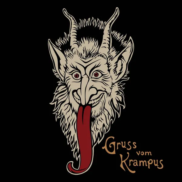 Kerstillustratie, ansichtkaart. Krampus Midden-Europese folklore karakter. Krampus Kerst gehoornde Demon — Stockvector