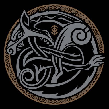İskandinav Viking tasarımı. Mitolojik bir canavarın tasviri - Fenrir Wolf Kelt İskandinav tarzında