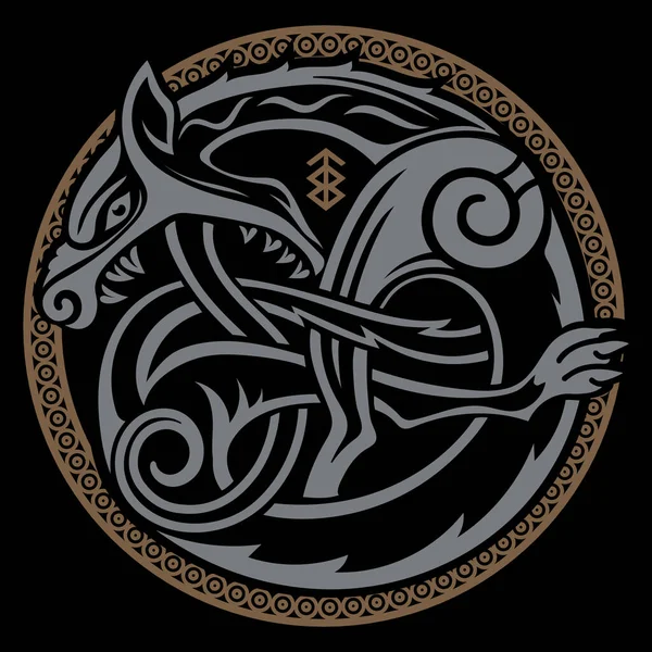 Scandinavisch Vikingontwerp. Illustratie van een mythologisch beest - Fenrir Wolf in Keltische Scandinavische stijl — Stockvector