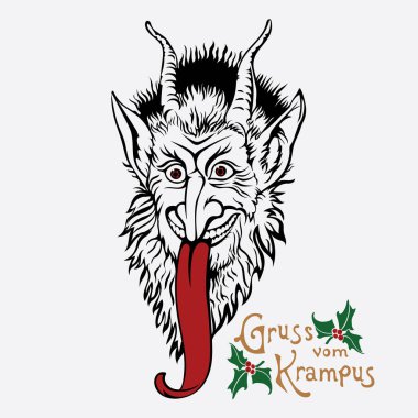 Noel illüstrasyonu, kartpostal. Krampus Orta Avrupa folklor karakteri. Krampus Noel Boynuzlu İblisi