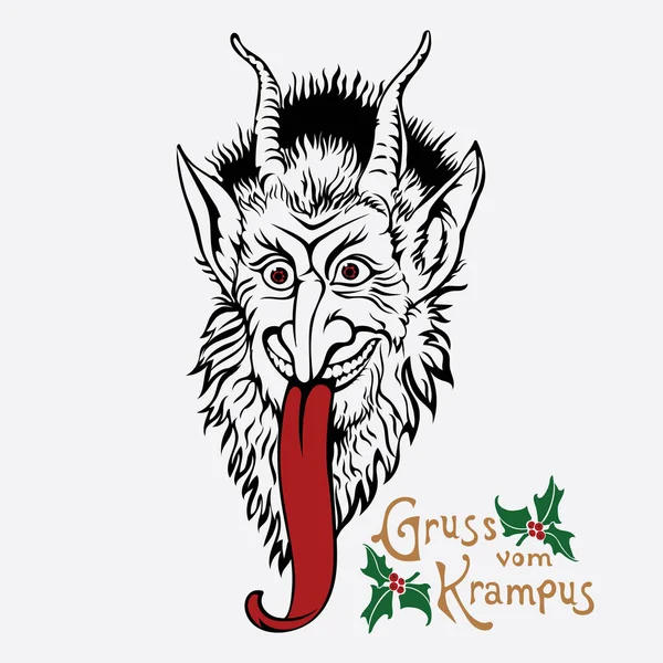 Christmas illustration, postcard. Krampus Central European folklore character. Krampus Christmas Horned Demon — Stock Vector