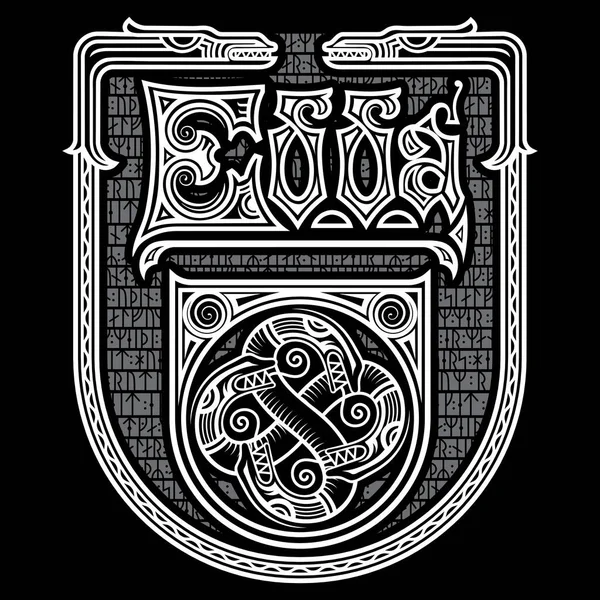 Diseño nórdico antiguo. Marco en el estilo escandinavo con las cabezas de dragones, la inscripción Edda - un libro sobre mitología y letras antiguas, runas — Vector de stock