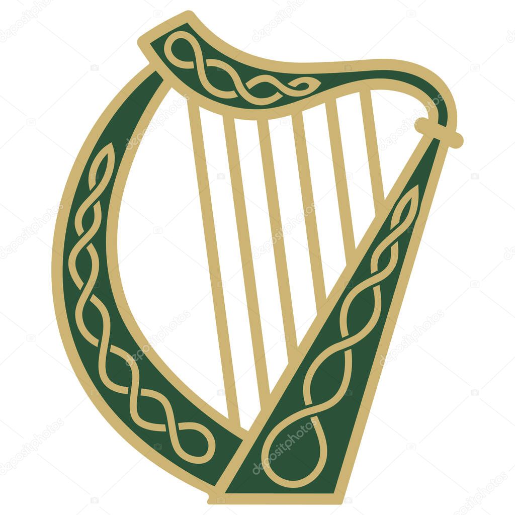 Ireland Harp musical instrument in vintage, retro style, illustration on the theme of St. Patricks day celebration, isolated on white, vector illustration