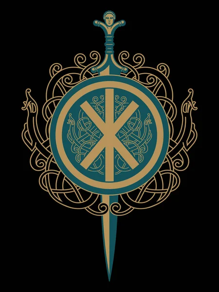 Celta, diseño vikingo. Espada celta y adornos escandinavos celtas — Vector de stock