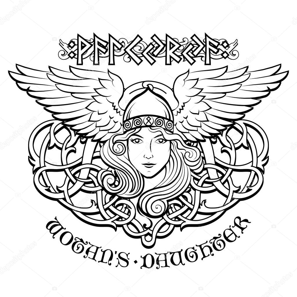 Viking Design. Valkyrie in a winged helmet. Image of Valkyrie, a woman warrior from Scandinavian mythology