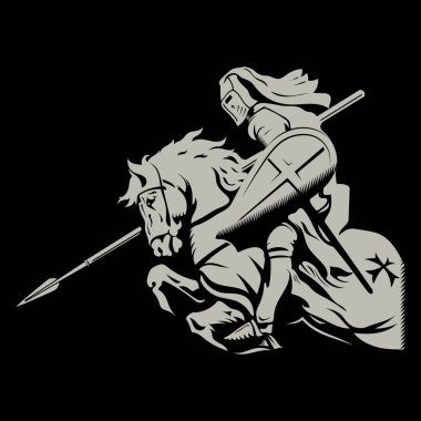 Medieval Knightly Design. Knight Crusader on a war horse with shield and spear