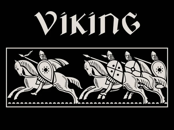 Σχεδιασμός σε παλιό νορβηγικό στυλ. Καβαλάρηδες Βίκινγκ σε άλογα πολέμου με λόγχες και ασπίδες — Διανυσματικό Αρχείο