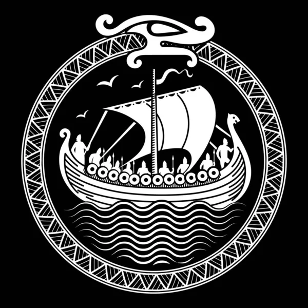 Diseño en estilo nórdico antiguo. Nave de guerra vikinga Drakkar y la serpiente mundial Jormungand — Vector de stock