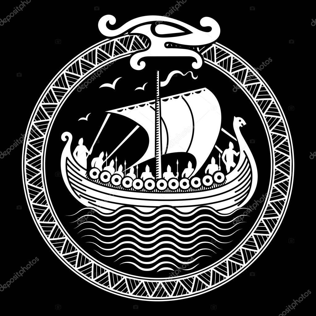Design in Old Norse style. Viking warship Drakkar and World Serpent Jormungand