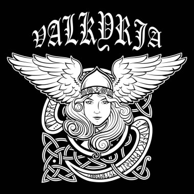 Viking Tasarımı. Kanatlı kasklı Valkyrie. Valkyrie 'nin resmi, İskandinav mitolojisinden bir kadın savaşçı.