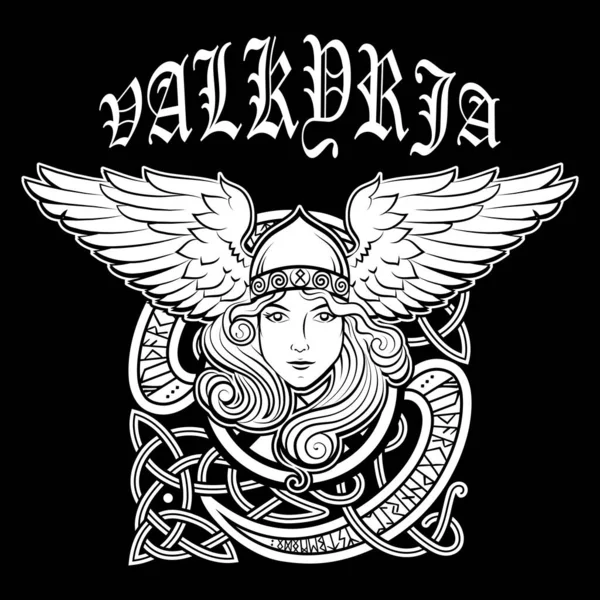 Викинг Дизайн. Валькирия в крылатом шлеме. Образ Валькирии, женщины-воительницы из скандинавской мифологии — стоковый вектор